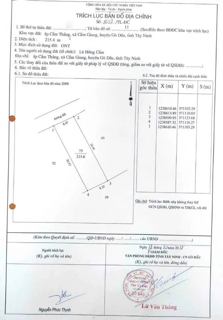 Bán Đất 215m² tại Ấp Cẩm thắng đường số 11, Cẩm Giang, Gò Dầu, Tây Ninh, Cẩm Giang, Gò Dầu, Tây Ninh